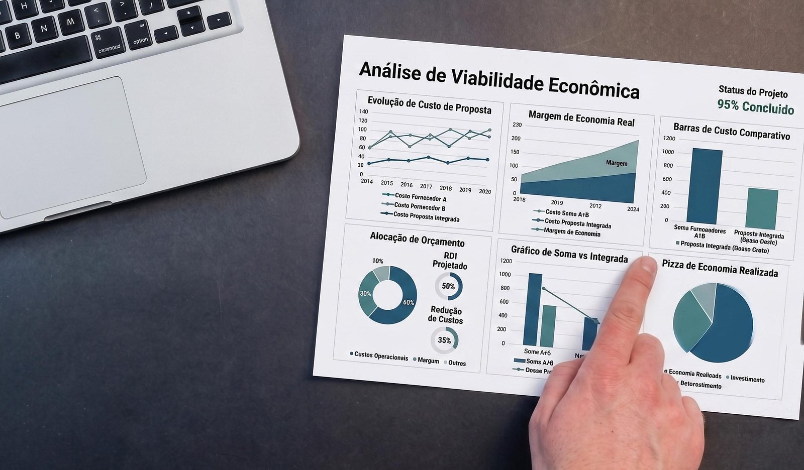 Ilustração: mão apontando um relatório de análise de viabilidade econômica ao lado de um notebook